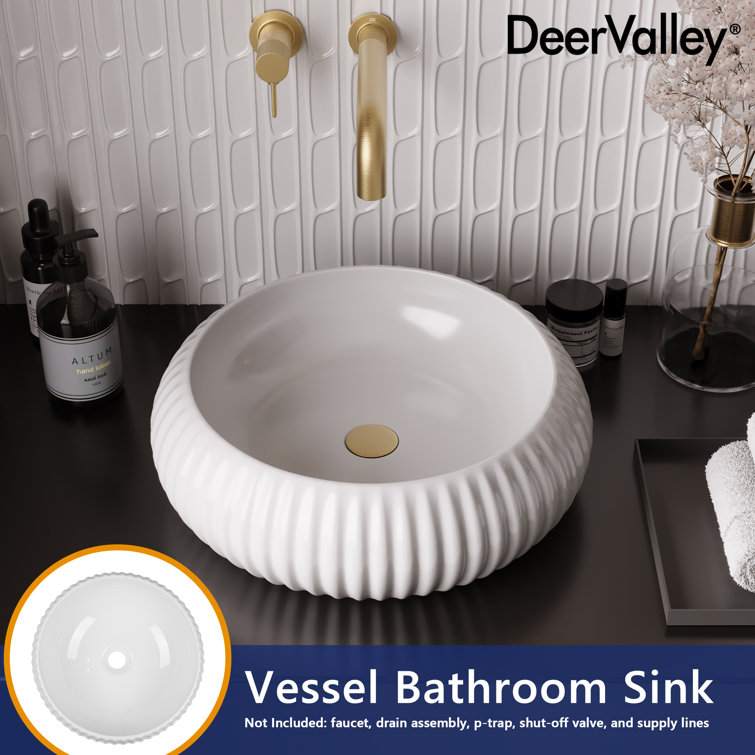 16" White Ceramic Circular Vessel Sink with Fluted Sides