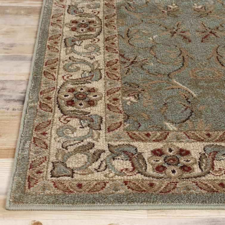 Ivory and Green Floral Synthetic Square Area Rug 8' x 8'