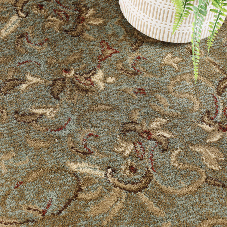 Ivory and Green Floral Synthetic Square Area Rug 8' x 8'