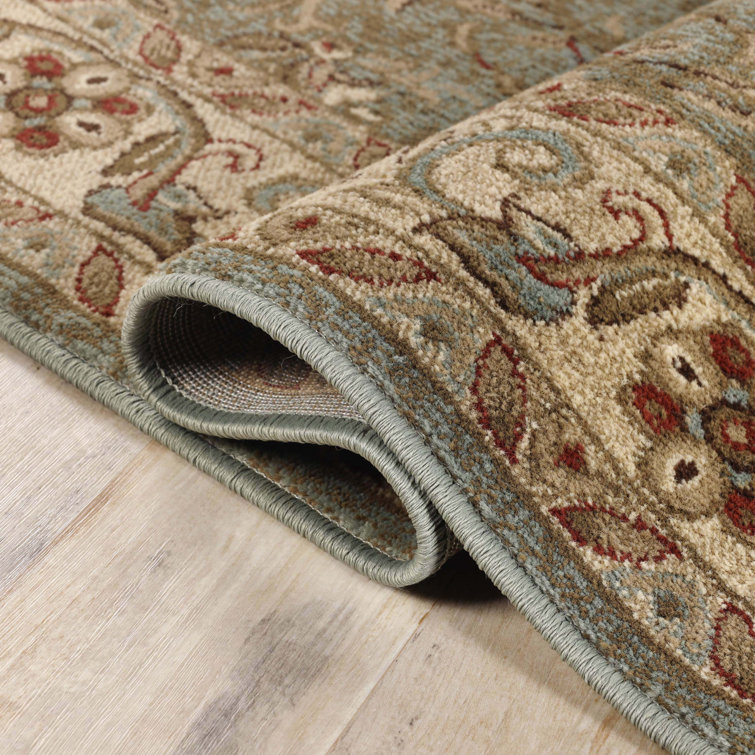 Ivory and Green Floral Synthetic Square Area Rug 8' x 8'