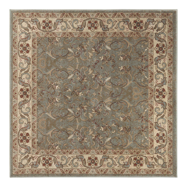Ivory and Green Floral Synthetic Square Area Rug 8' x 8'