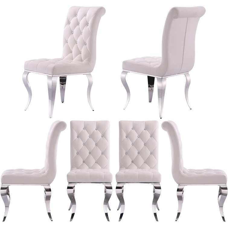 White Velvet Upholstered Dining Chairs with Silver Metal Legs, Set of 6