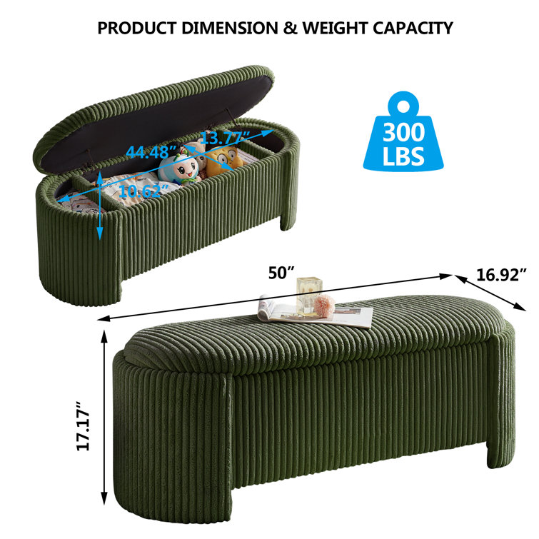 Green Corduroy Upholstered Storage Bench with Solid Wood Frame