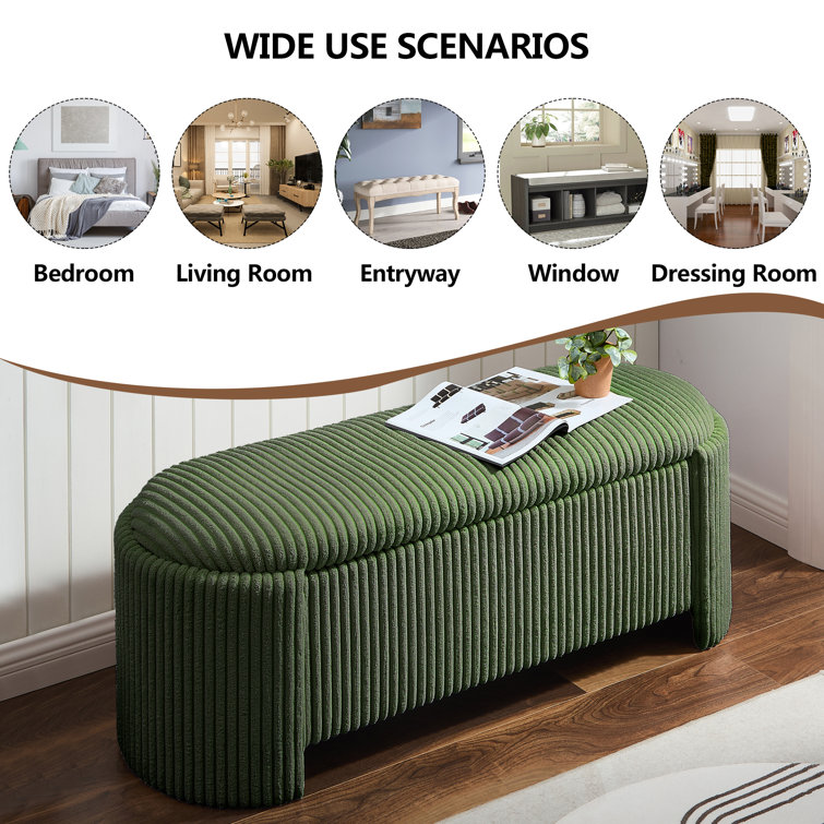 Green Corduroy Upholstered Storage Bench with Solid Wood Frame