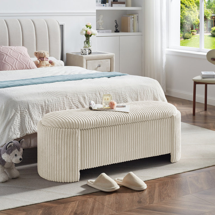 Beige Corduroy Upholstered Storage Bench with Solid Wood Frame