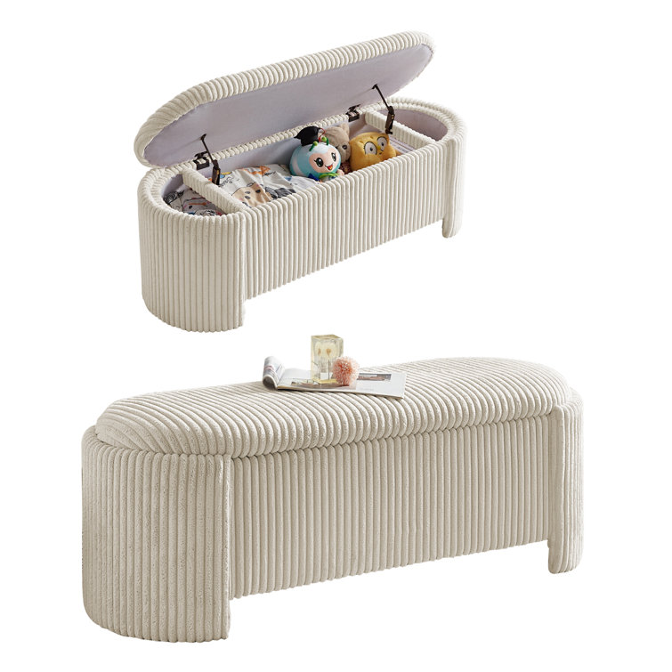 Beige Corduroy Upholstered Storage Bench with Solid Wood Frame
