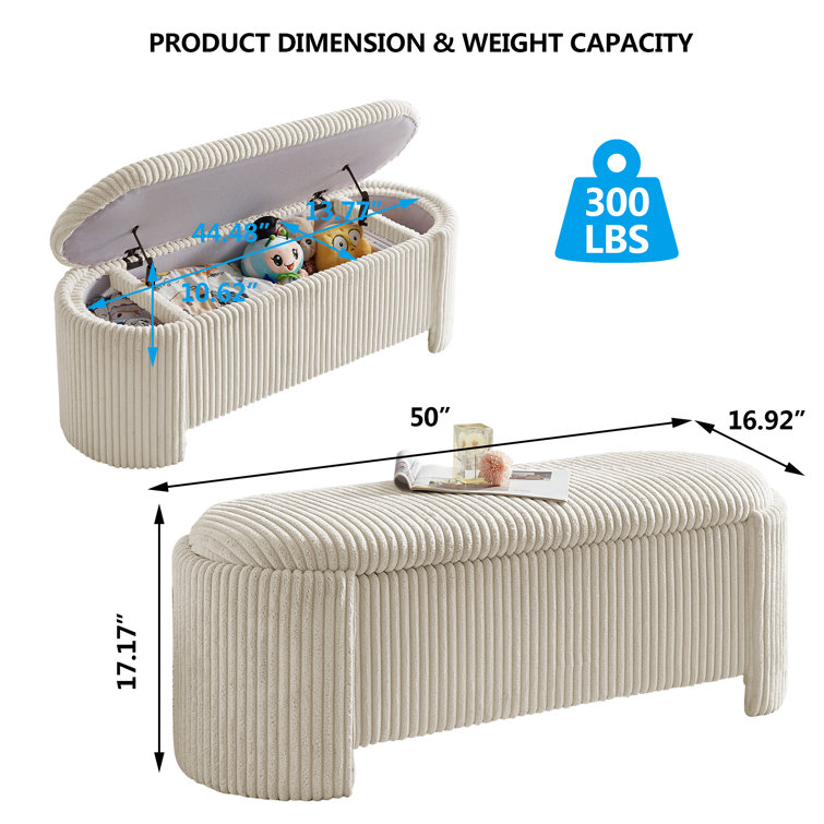 Beige Corduroy Upholstered Storage Bench with Solid Wood Frame