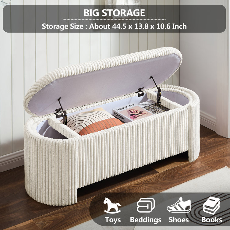 Beige Corduroy Upholstered Storage Bench with Solid Wood Frame