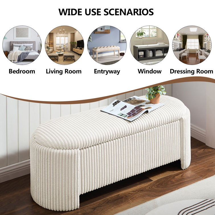 Beige Corduroy Upholstered Storage Bench with Solid Wood Frame