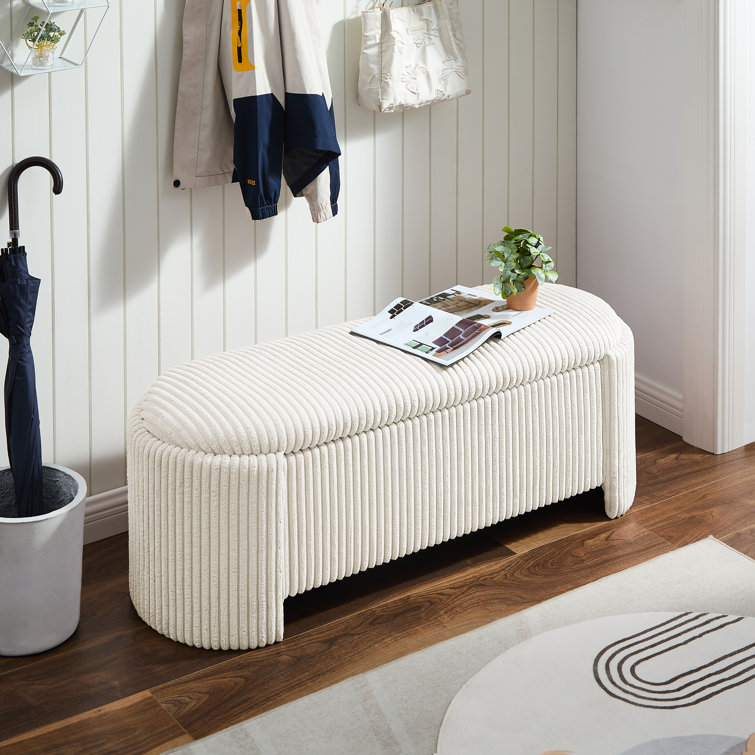 Beige Corduroy Upholstered Storage Bench with Solid Wood Frame