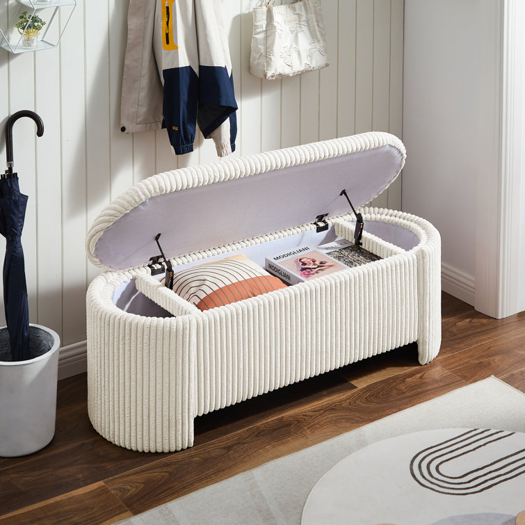 Beige Corduroy Upholstered Storage Bench with Solid Wood Frame