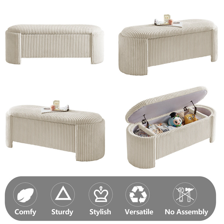 Beige Corduroy Upholstered Storage Bench with Solid Wood Frame