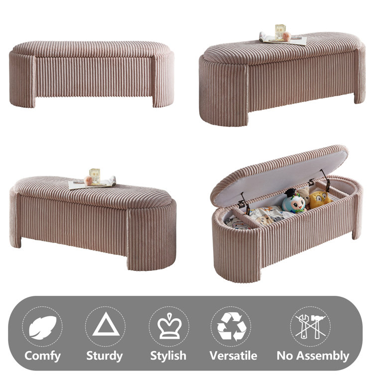 Pink Corduroy Upholstered Oval Storage Bench