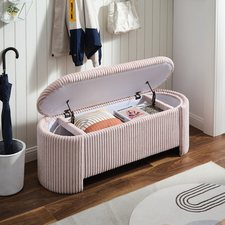Pink Corduroy Upholstered Oval Storage Bench