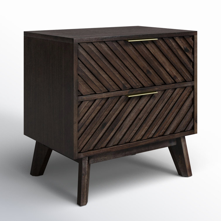 Dark Acacia Wood 2-Drawer Nightstand with Brass Handles
