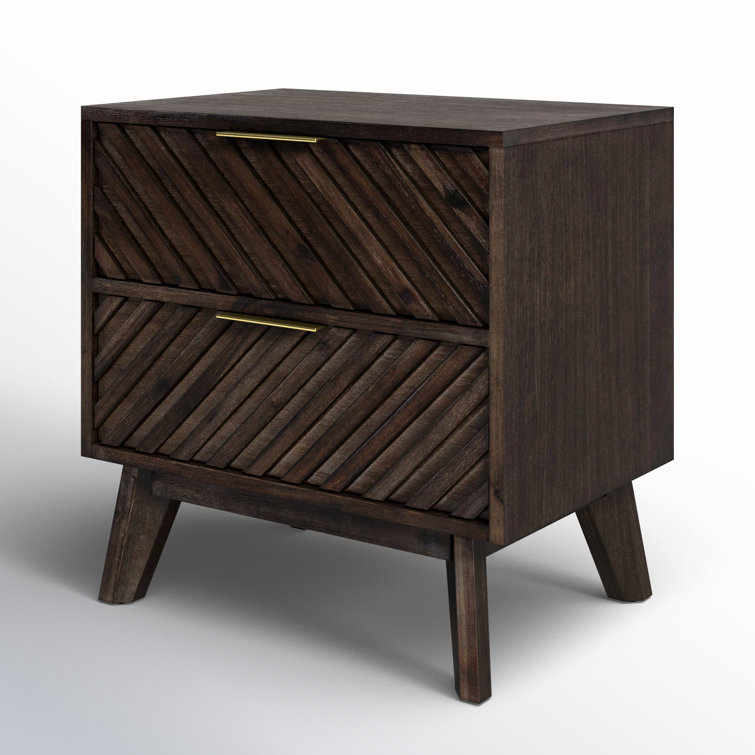 Dark Acacia Wood 2-Drawer Nightstand with Brass Handles