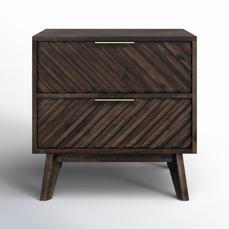 Dark Acacia Wood 2-Drawer Nightstand with Brass Handles