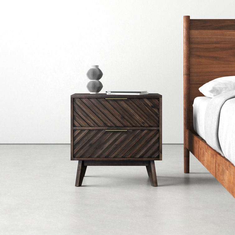 Dark Acacia Wood 2-Drawer Nightstand with Brass Handles