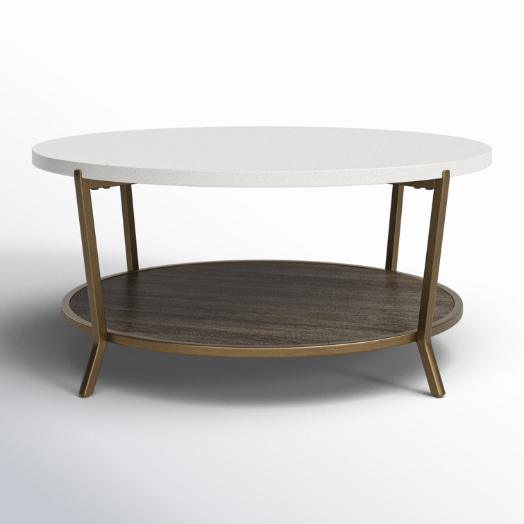 Transitional Round Wood & Stone Coffee Table, 42 Inch, Brown