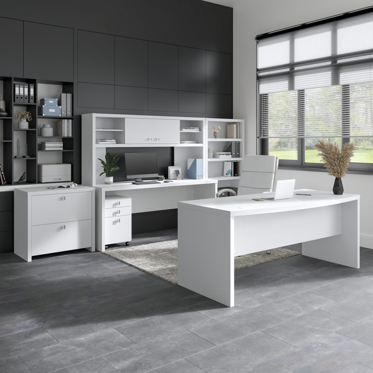 Pure White L-Shaped Corner Desk with Drawer and Filing Cabinet