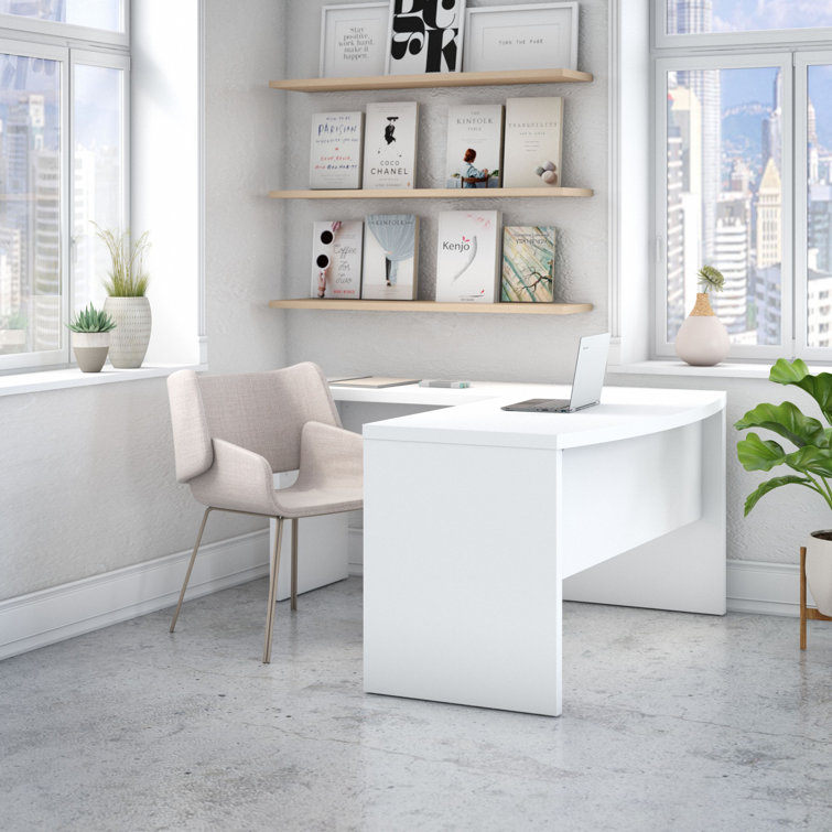 Pure White L-Shaped Wood Computer Desk