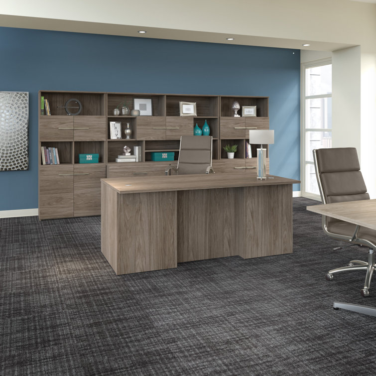 Modern Hickory Executive L-Shaped Desk with Filing Cabinets