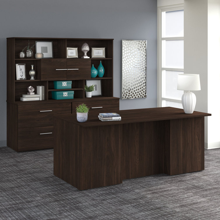 Black Walnut L-Shaped Executive Desk with Filing Cabinets and Drawers