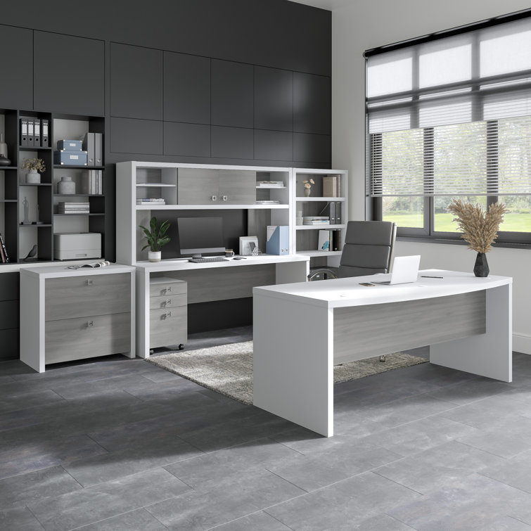 Gray Sand L-Shaped Corner Computer Desk with Wood Finish