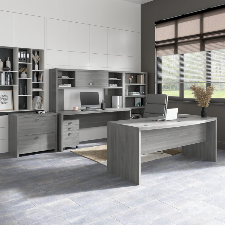 Modern Gray Wood Credenza Desk with Hutch and Filing Cabinet