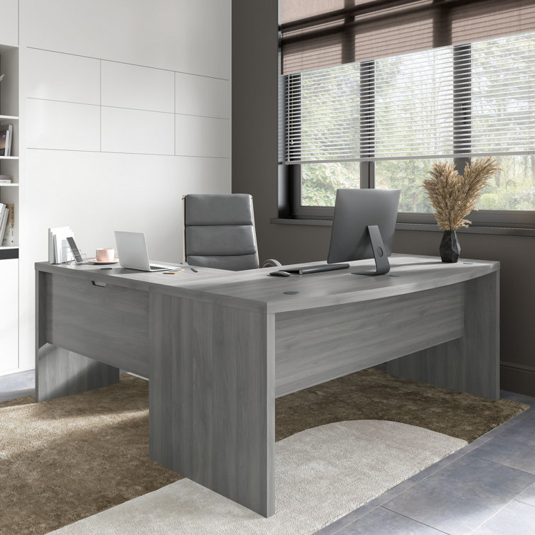 Modern Gray L-Shaped Home Office Desk with Filing Cabinet