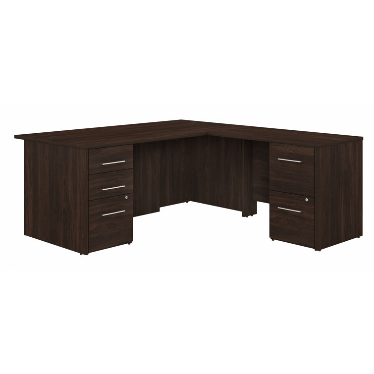 Black Walnut L-Shaped Executive Desk with Filing Cabinets and Drawers