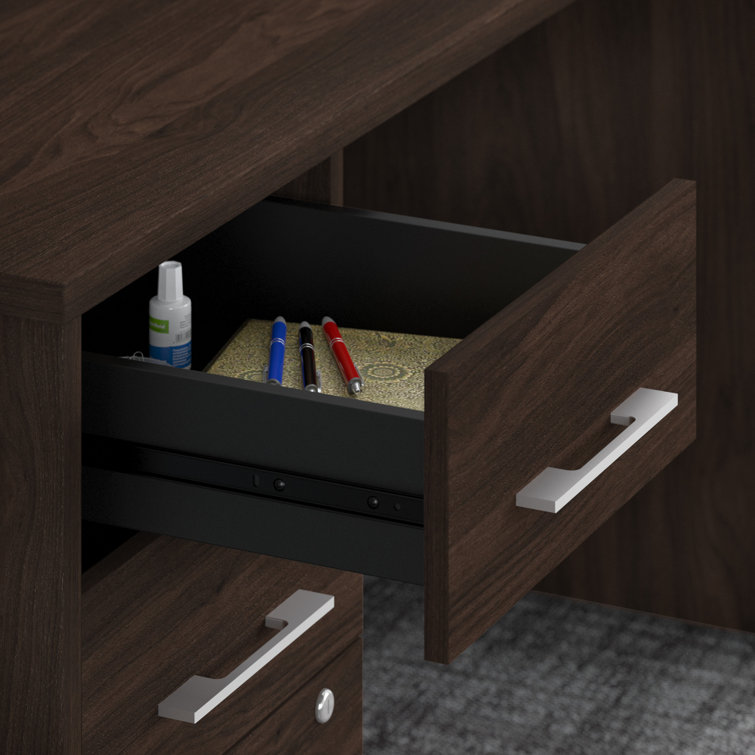 Black Walnut L-Shaped Executive Desk with Filing Cabinets and Drawers