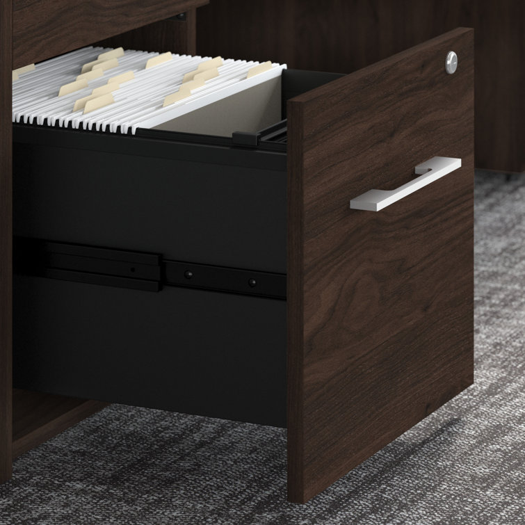 Black Walnut L-Shaped Executive Desk with Filing Cabinets and Drawers