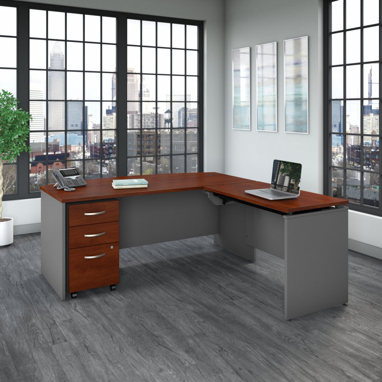 Mocha Cherry 71'' Adjustable L-Shaped Desk with File Cabinet
