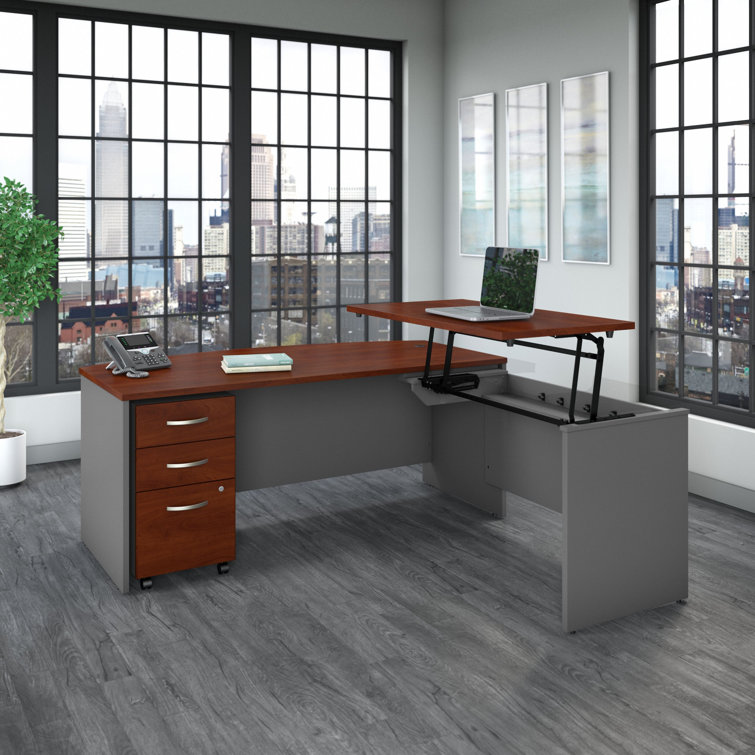 Mocha Cherry 71'' Adjustable L-Shaped Desk with File Cabinet