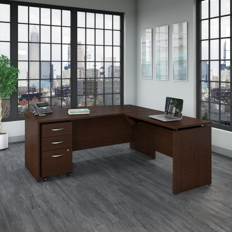Mocha Cherry L-Shaped Adjustable Standing Desk with File Cabinet