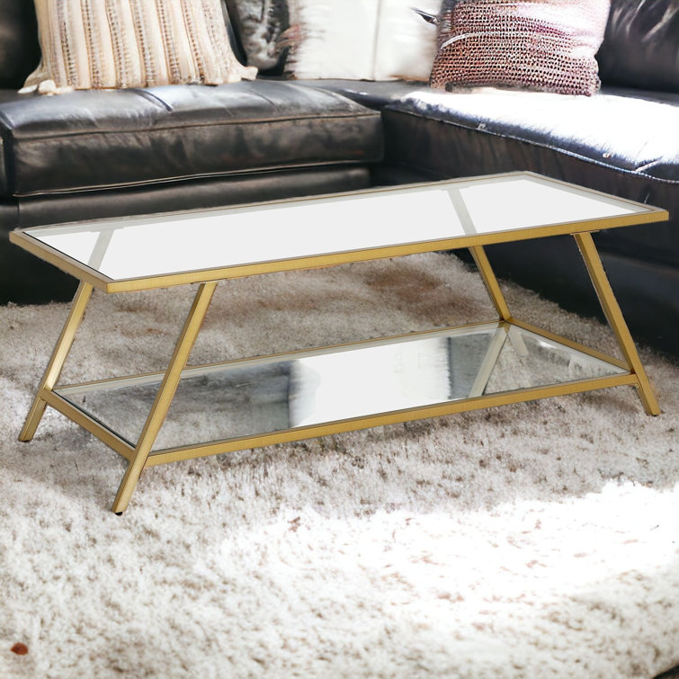 48" Brass and Glass Rectangular Coffee Table with Shelf