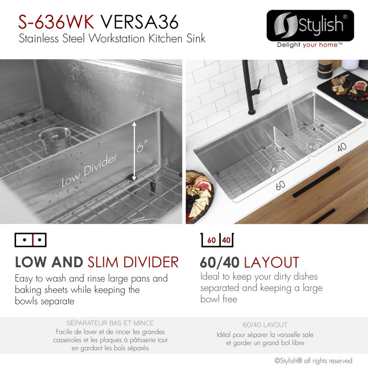 Versa 36" Stainless Steel Double Bowl Workstation Kitchen Sink