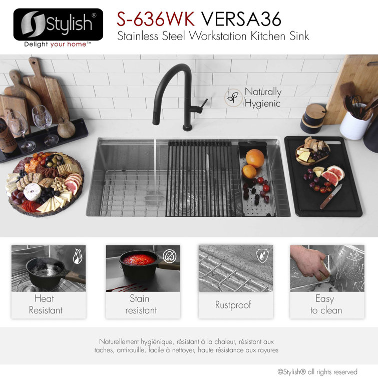 Versa 36" Stainless Steel Double Bowl Workstation Kitchen Sink