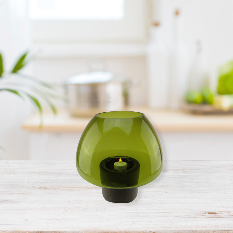 Winter Elegance Olive Green Glass & Wood Candle Holder - 9.75"
