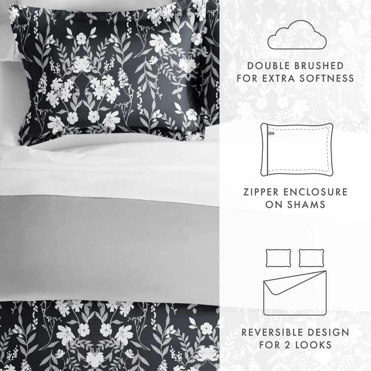 Black Floral Reversible Microfiber Full/Queen Duvet Cover Set