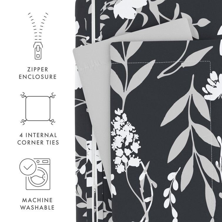 Black Floral Reversible Microfiber Full/Queen Duvet Cover Set