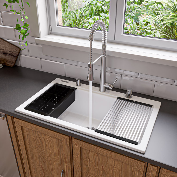 34'' White Granite Composite Single Bowl Drop-In Kitchen Sink