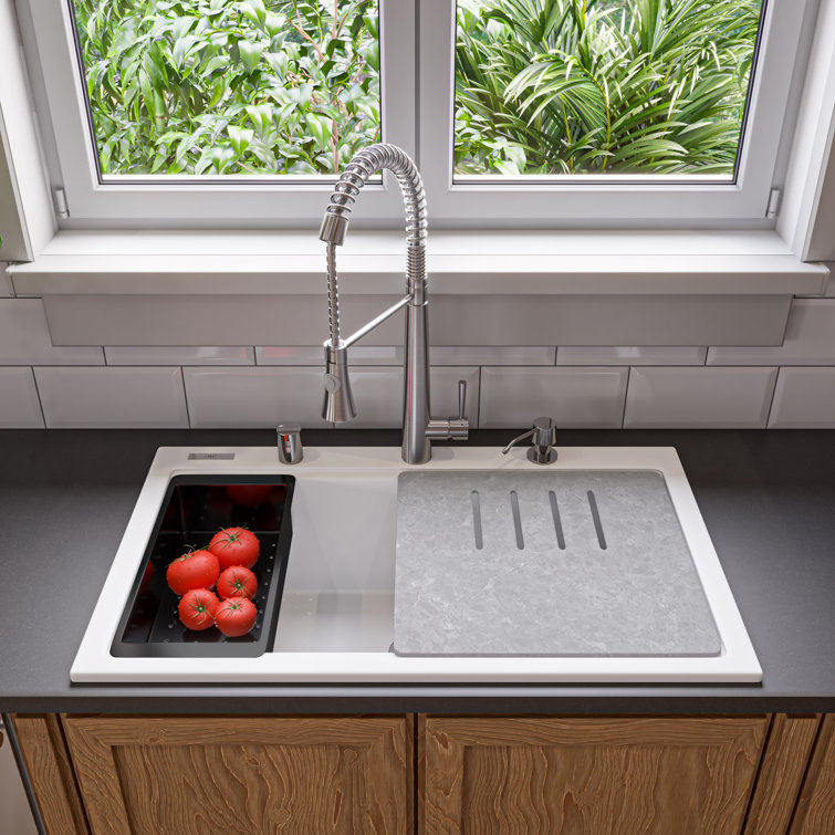 34'' White Granite Composite Single Bowl Drop-In Kitchen Sink