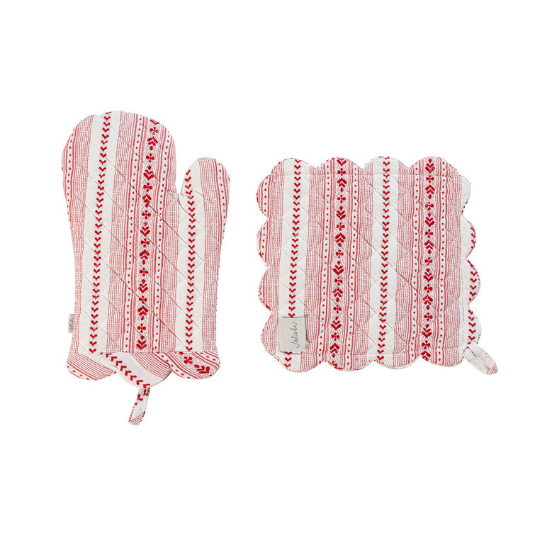 Red and Cream Striped Cotton Oven Mitt and Pot Holder Set