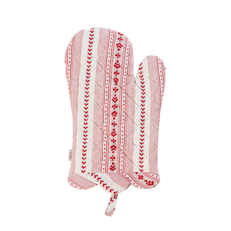 Red and Cream Striped Cotton Oven Mitt and Pot Holder Set