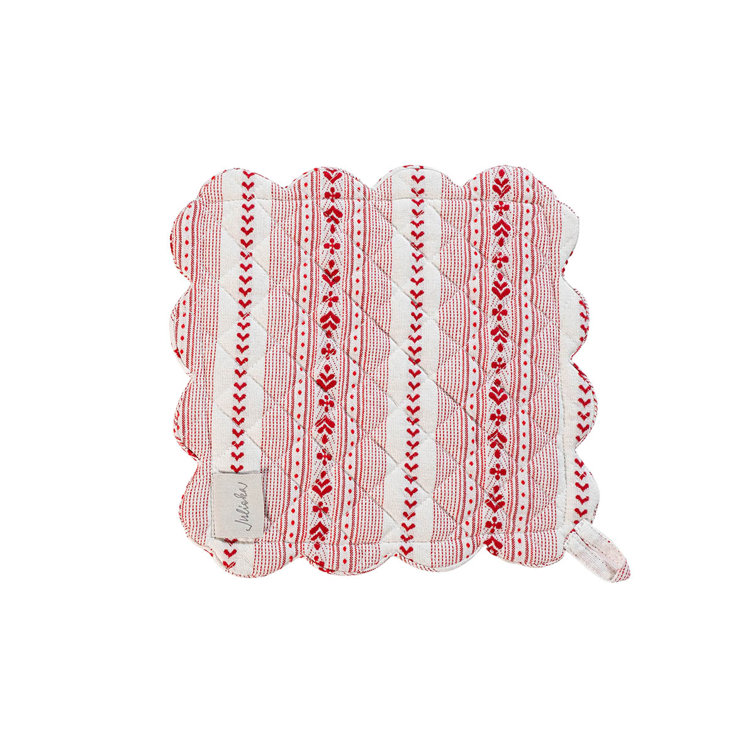 Red and Cream Striped Cotton Oven Mitt and Pot Holder Set