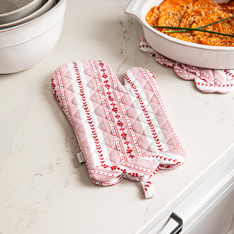 Red and Cream Striped Cotton Oven Mitt and Pot Holder Set