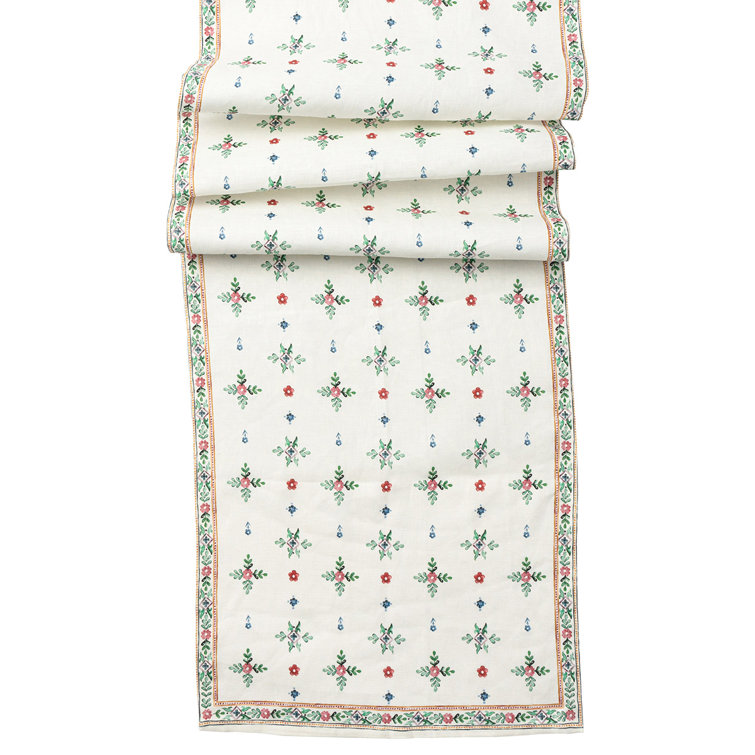 Winter Floral Linen Table Runner with Folkloric Border