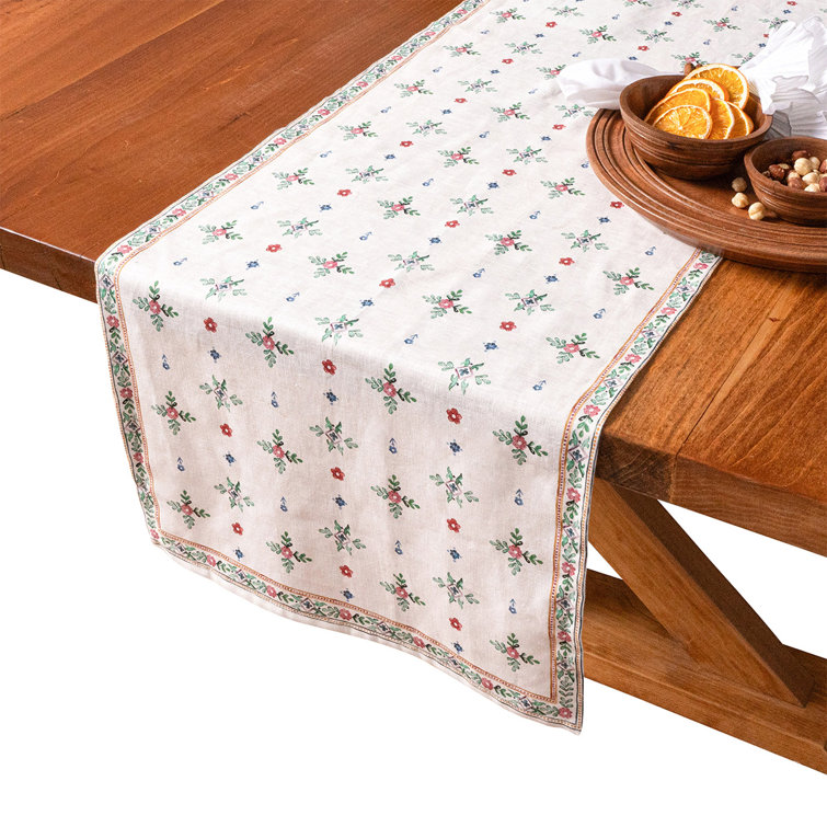 Winter Floral Linen Table Runner with Folkloric Border